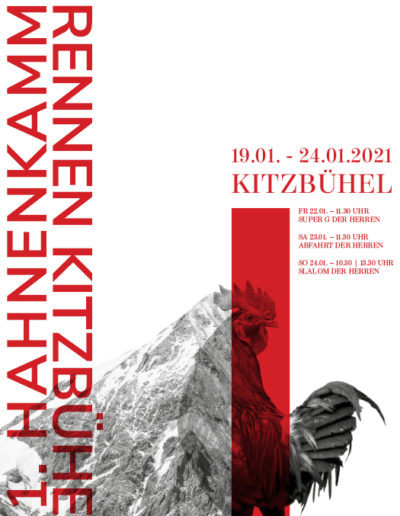 Plakatgestaltung mit Berg und Hahn für Skirennen