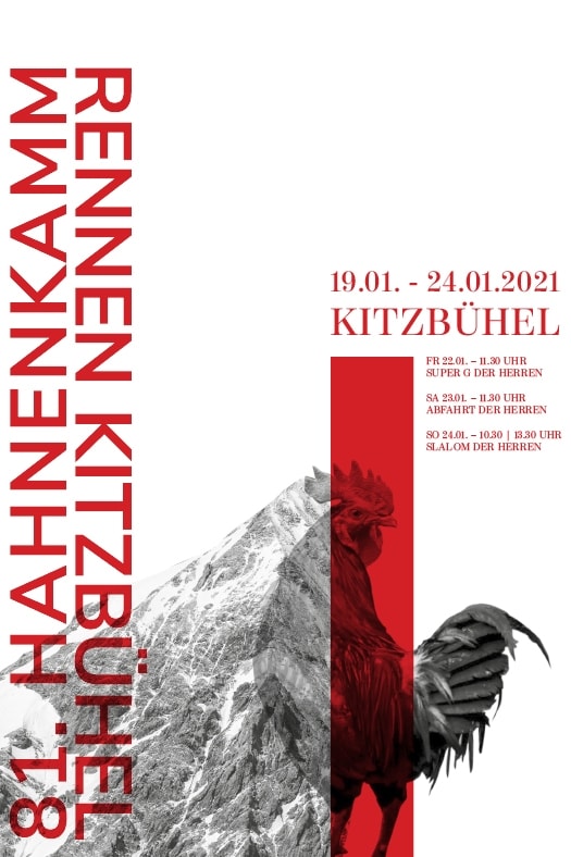 Plakatgestaltung mit Berg und Hahn für Skirennen